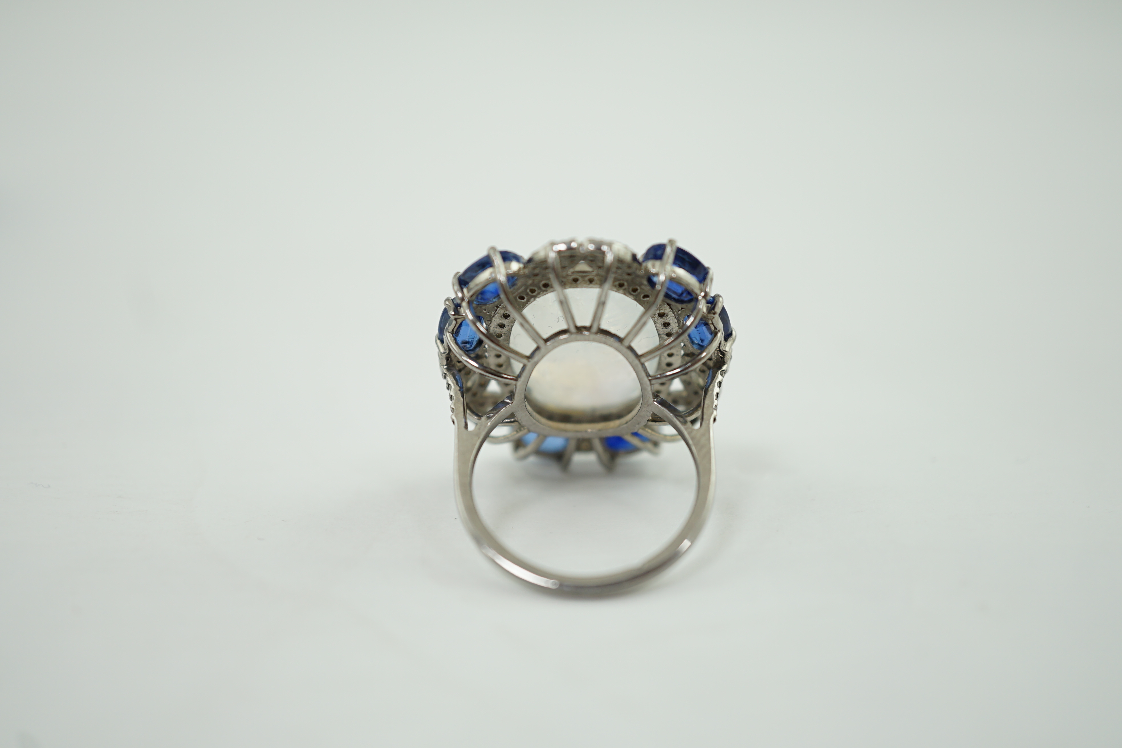 A white gold?, labradorite, sapphire and diamond cluster dress ring